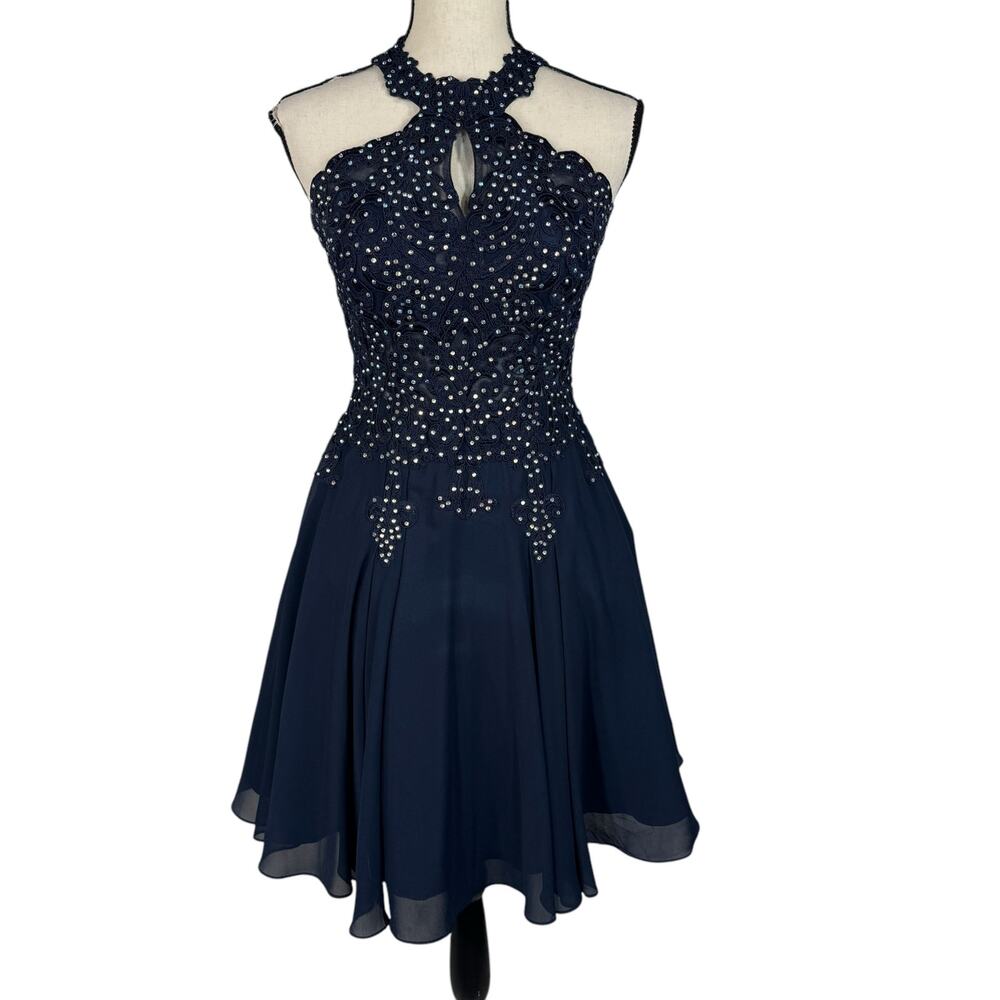 La Scala Small Mini Dress Fit 'n Flare Rhinestones Layered Halter Neck Navy Blue